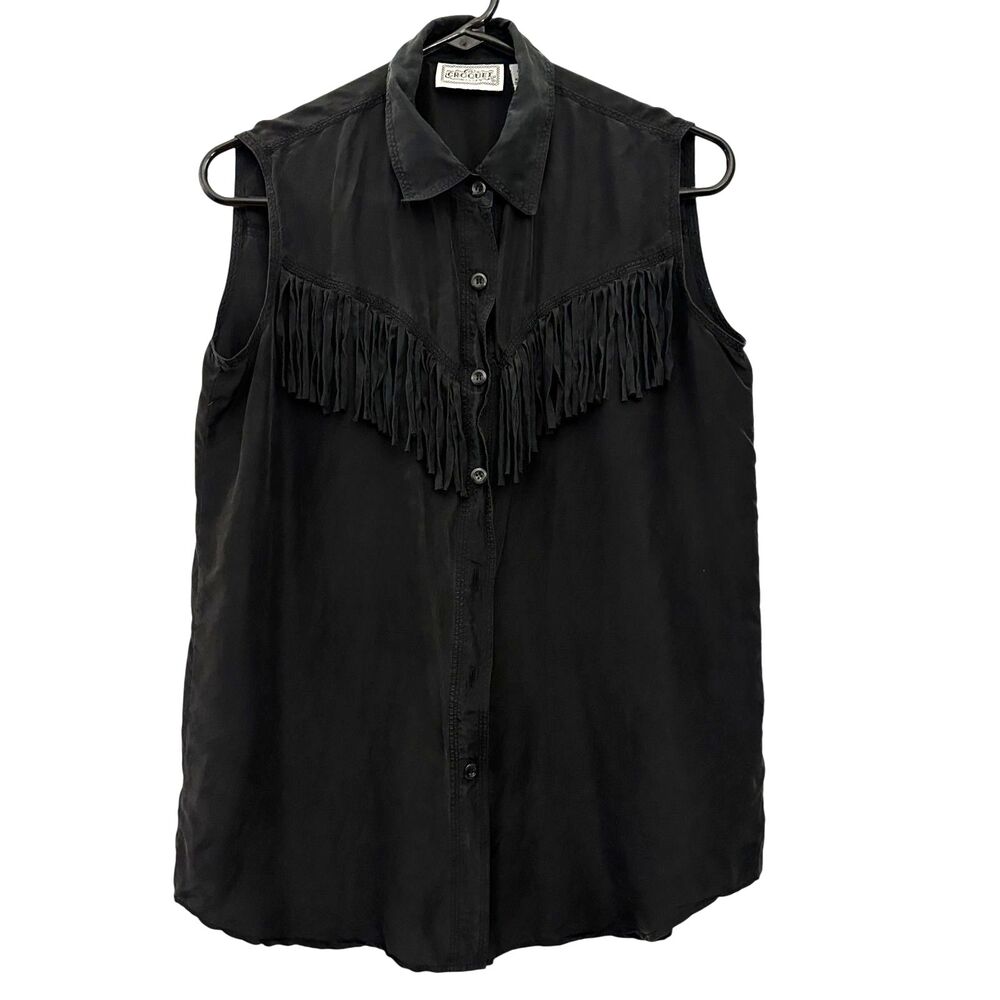 Croquet Clue‎ Black 100% Silk Sleeveless Western Fringe Button Up Blouse Size M